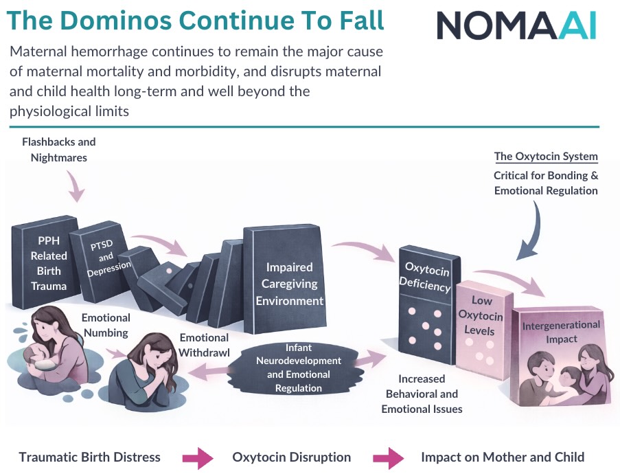 Visual metaphor for cascading consequences from postpartum hemorrhage